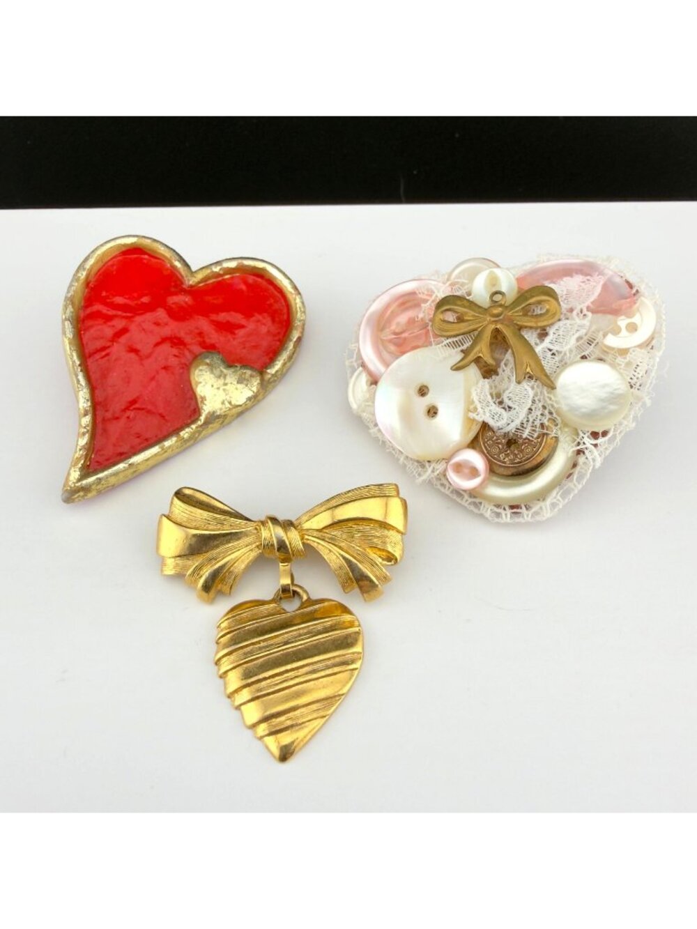 Heart Shaped Brooch Lot Red Avon Gold Tone Bow Dangle Pin